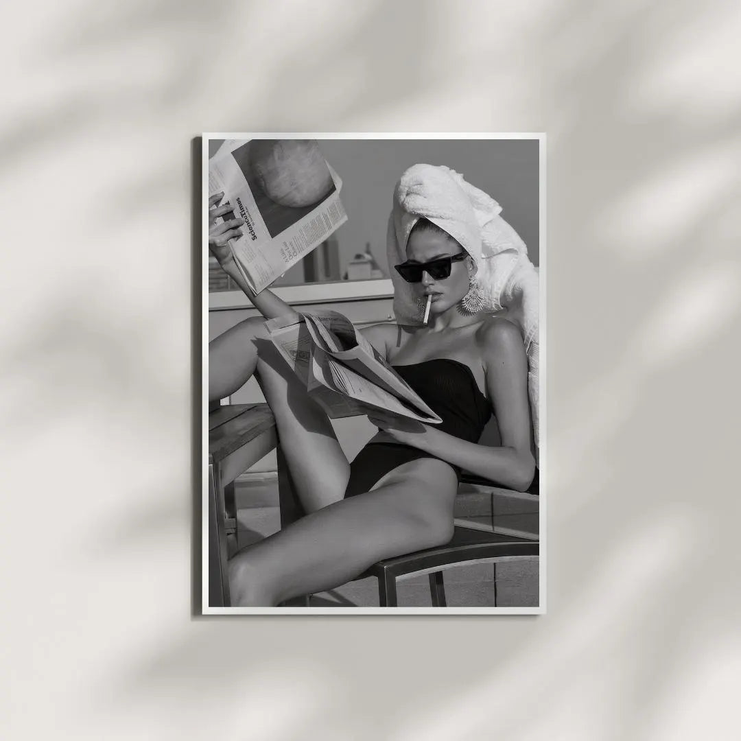 Woman Reading Newspaper Poster, Black and White Wall Art